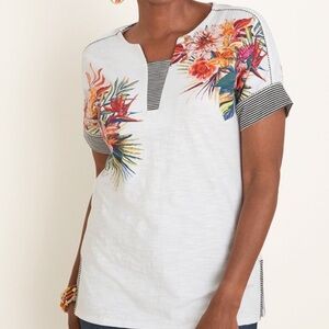 Chico’s Tropical Floral Striped  Multicolor size 2 60% cotton 40% viscose